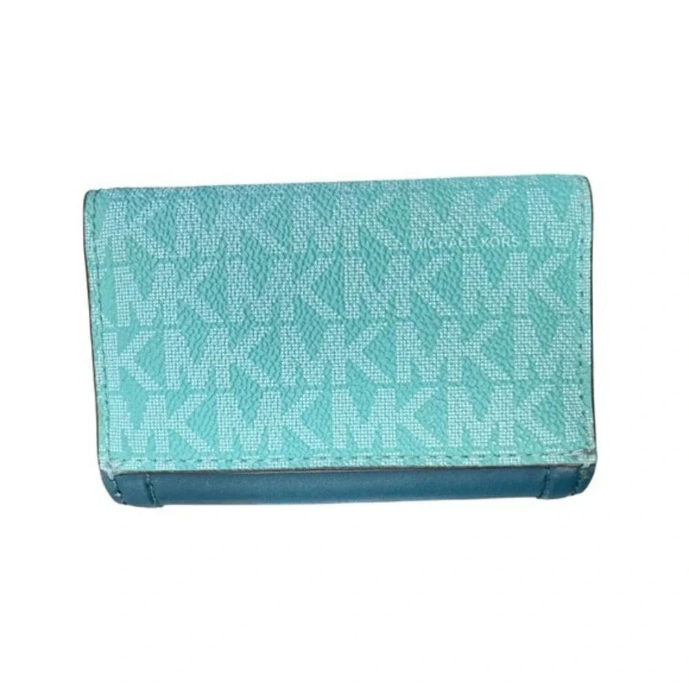 Michael Kors Teal Monogram Trifold Key Case Wallet Gold Tone MK Logo‎ Medallion